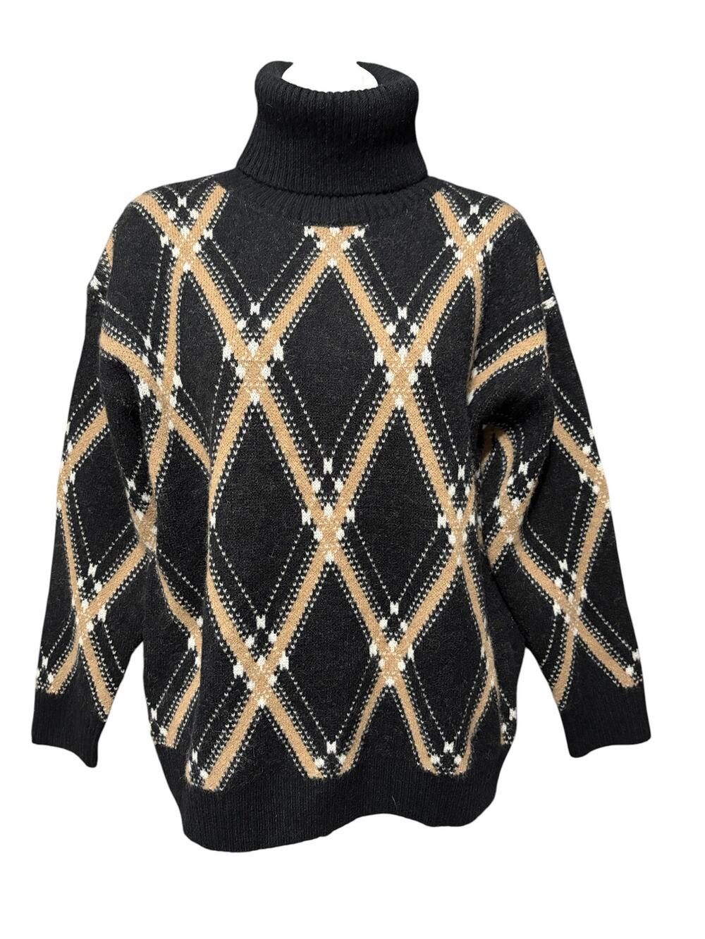 Christina 100% Cashmere Turtleneck Sweater L XL Black Tan Argyle Quiet Luxury